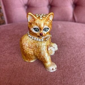 Jeweled Gold Cat Trinket Box – Enamel Rhinestone Hinged Kitty Keepsake